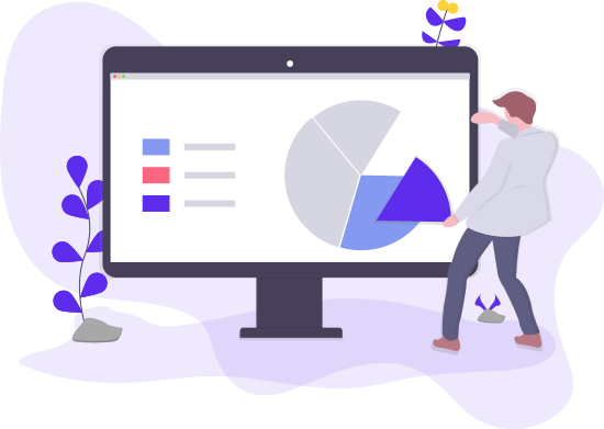 Illustration of two people analyzing a pie chart on a large computer screen, surrounded by abstract purple elements related to SEO services.